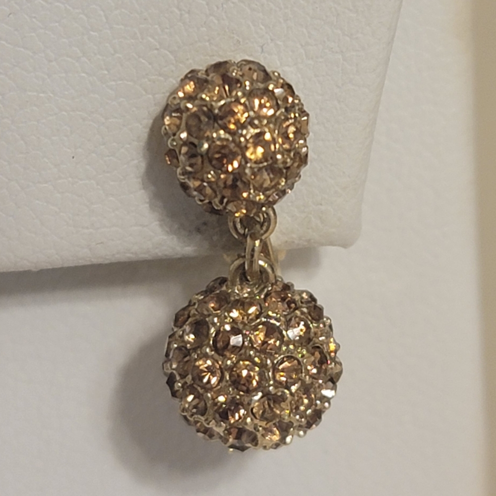 Vintage Monet Amber Rhinestone Gold Tone Double Ball Dangle Clip Earrings